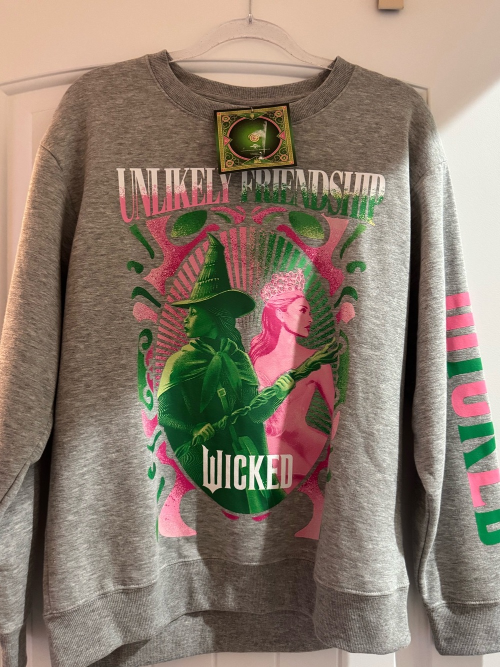 Wicked 'Unlikely Friendship' Graphic Sweatshirt - Grey with Pink & Green